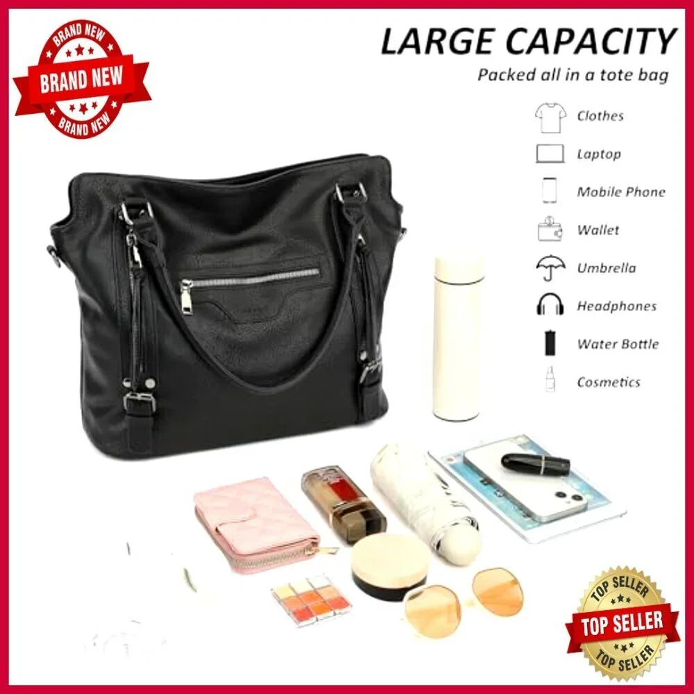 Large Vegan Leather Hobo Tote with Adjustable Strap and Multiple Pockets